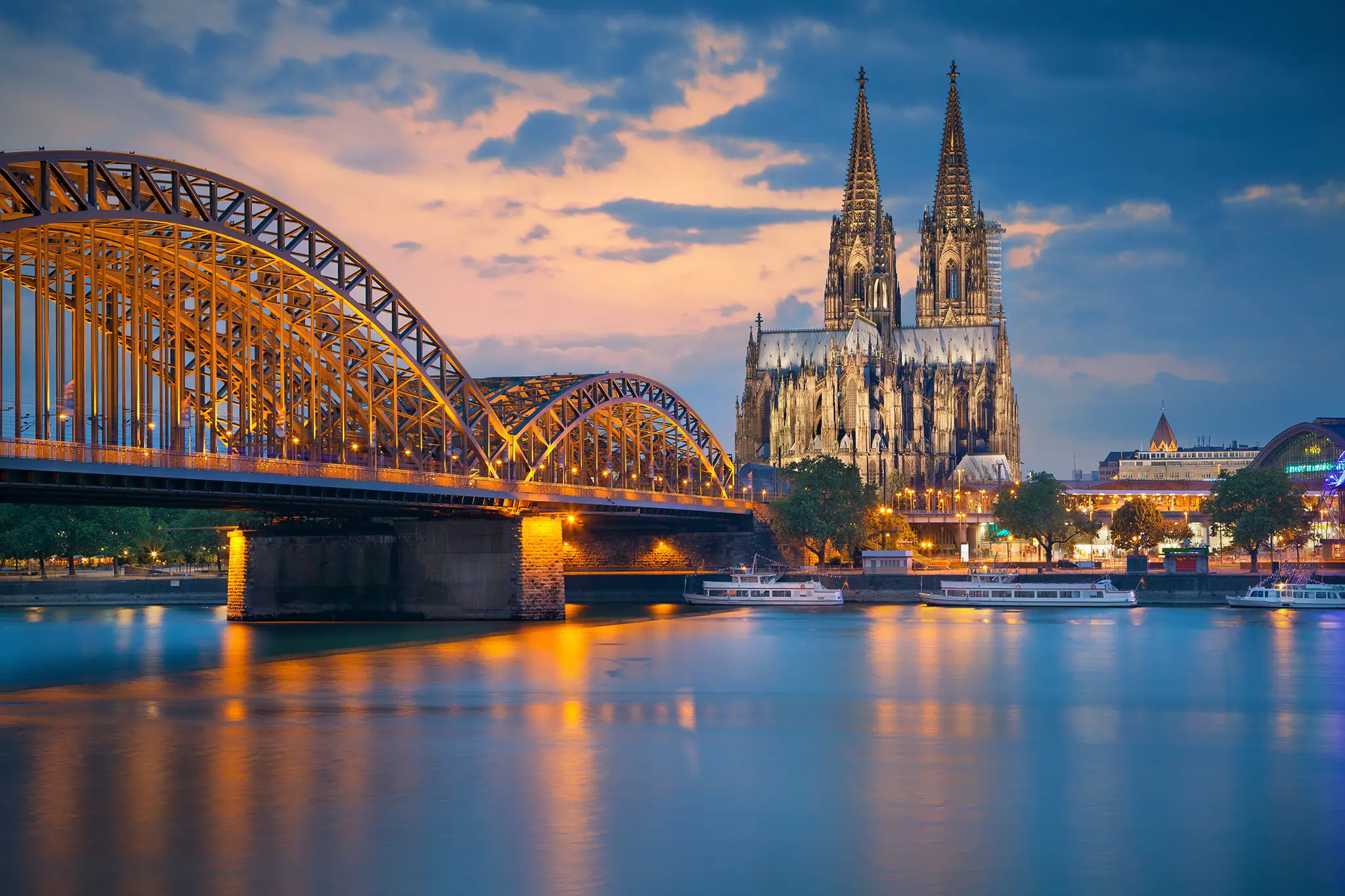 View of the cathedral across the Rhine in Cologne, Germany.