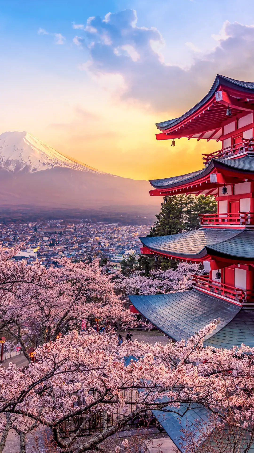 View of Mount Fuji and Chureito pagoda at sunset.