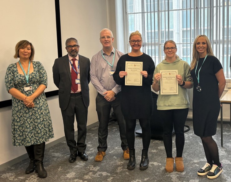 Course leaders from the University of Chester and Cheshire and Wirral Partnership NHS Foundation Trust with two students who achieved a Gold Medal Award for their Quality Improvement Projects. Credit - Cheshire and Wirral Partnership NHS Foundation Trust.